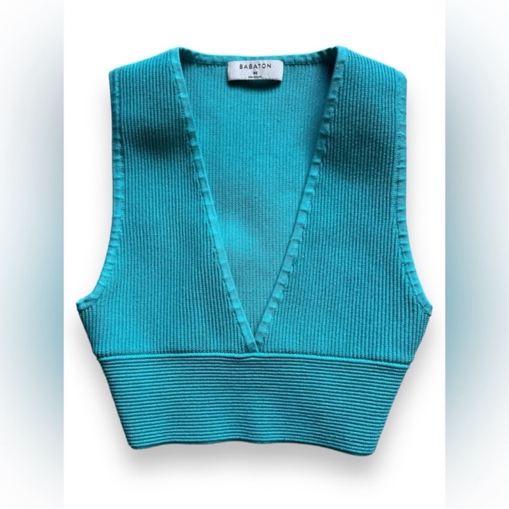 Babaton Carlotta Sculpt Knit Deep V Neck Tank Compressive XS Aqua EUC